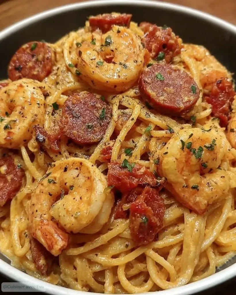 Spaghetti à la Crème de Poivron Chorizo & Crevettes