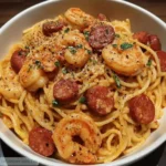 Spaghetti à la Crème de Poivron Chorizo & Crevettes