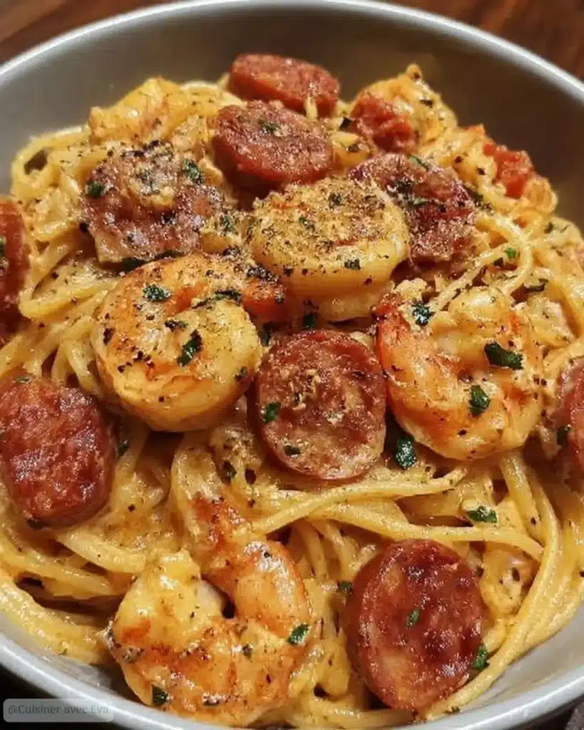 préparation Spaghetti à la Crème de Poivron Chorizo & Crevettes
