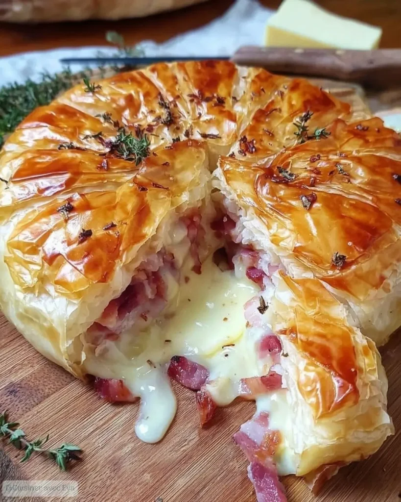 Préparation du feuilleté au camembert et lardons