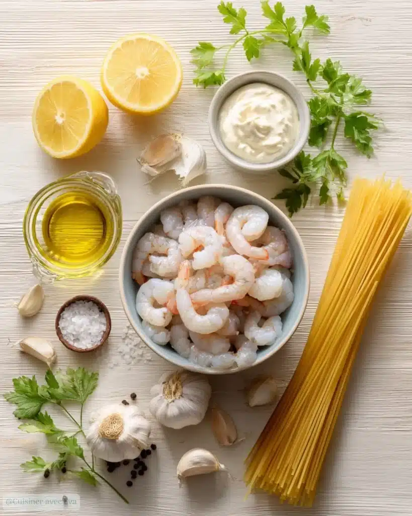ingrédients recette crevettes à l’ail et spaghettis