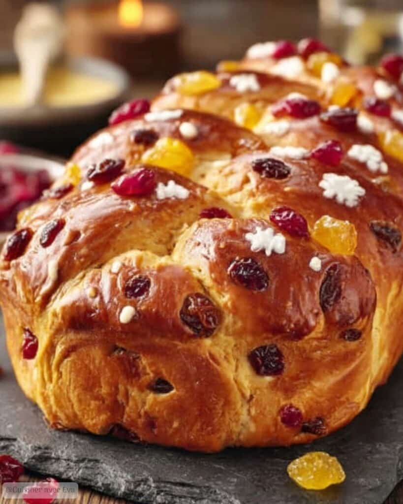 Brioche de Noël aux Fruits Confits moelleuse, dorée et pleine de magie