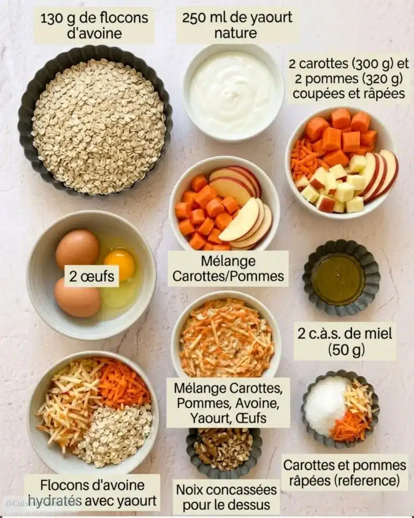 Ingrédients du gâteau à l’avoine carottes et pommes