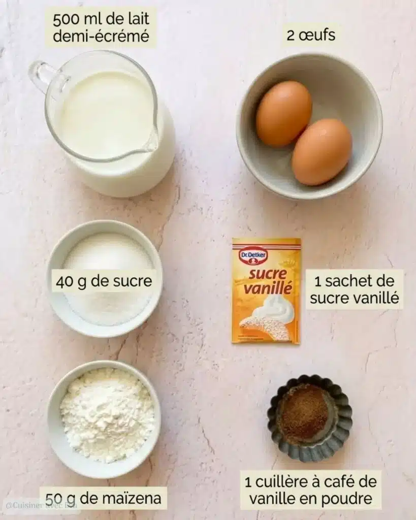 Ingrédients pour un flan à la vanille sans pâte