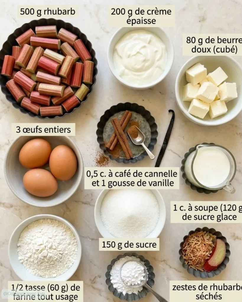 Ingrédients pour un clafoutis à la rhubarbe et à la cannelle