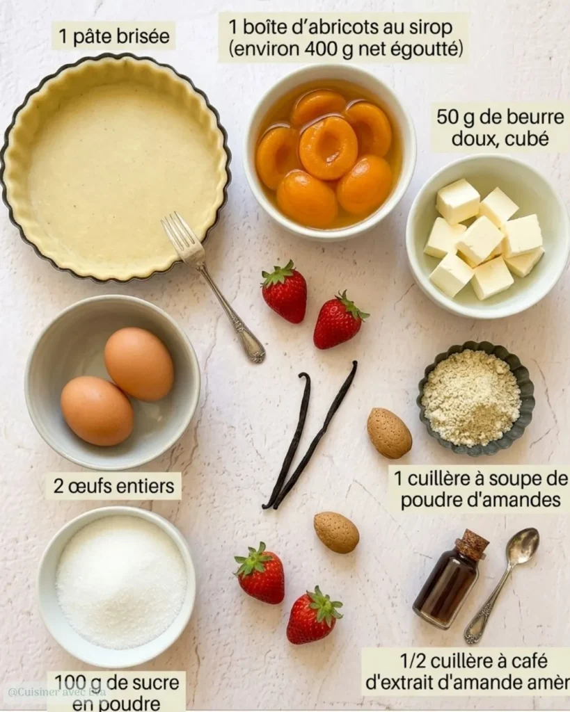 Ingrédients pour une tarte moelleuse aux abricots et amandes