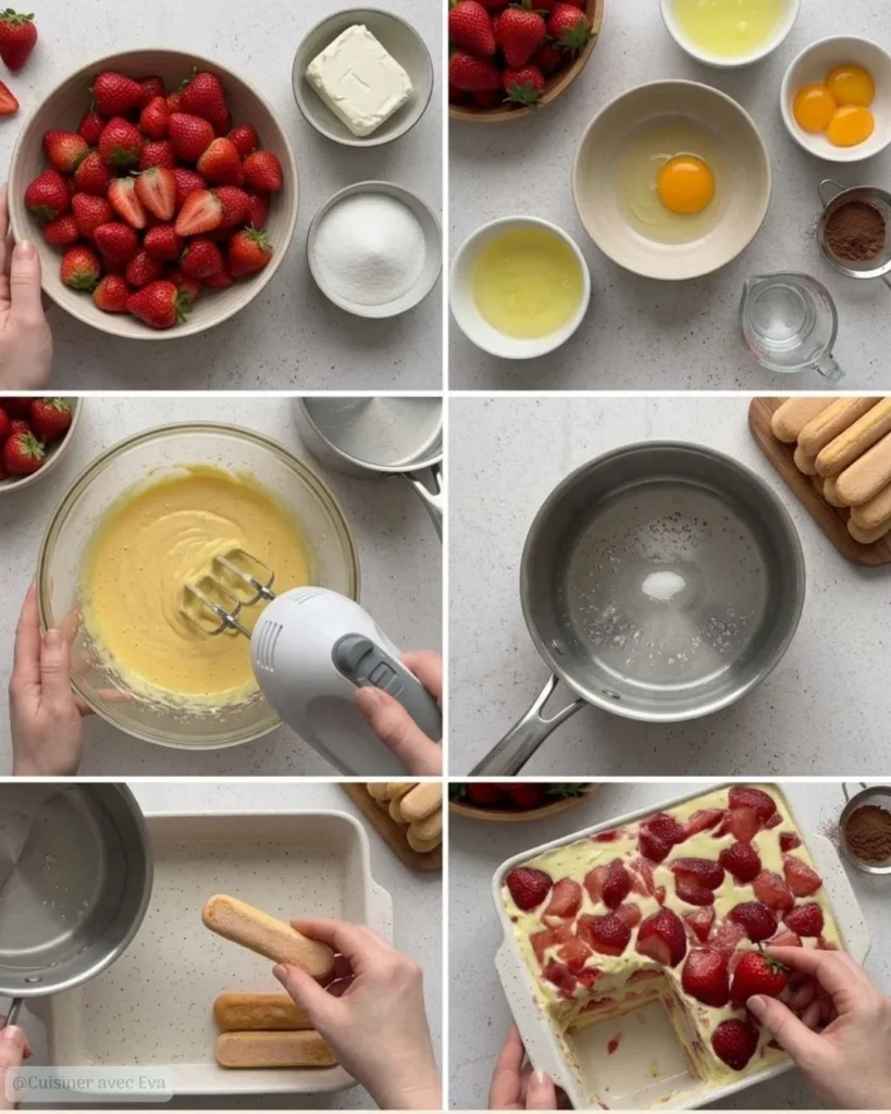 Préparation du Tiramisu aux fraises mascarpone