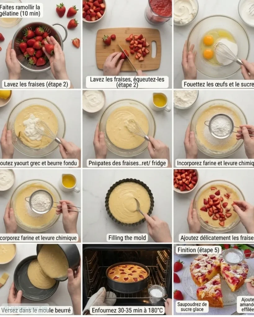 Préparation du gâteau au yaourt aux fraises