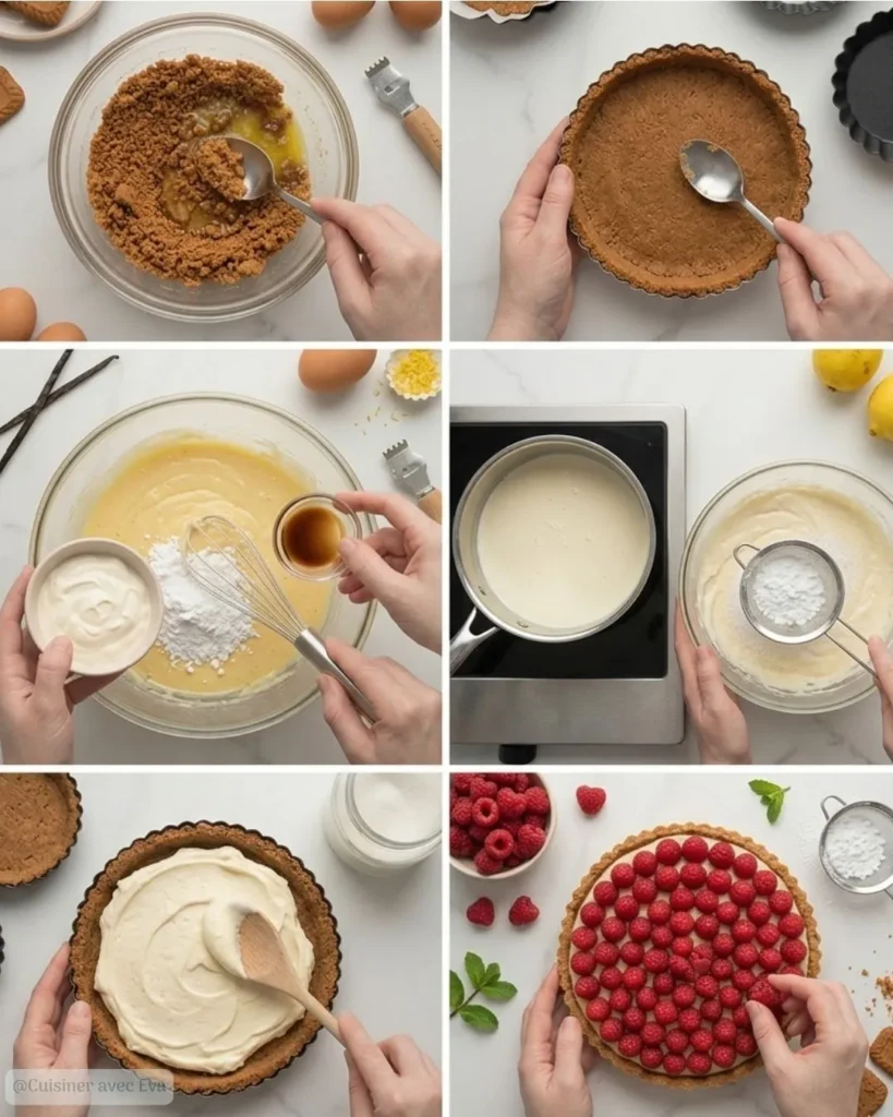 Préparation pas à pas de la tarte sans cuisson aux framboises