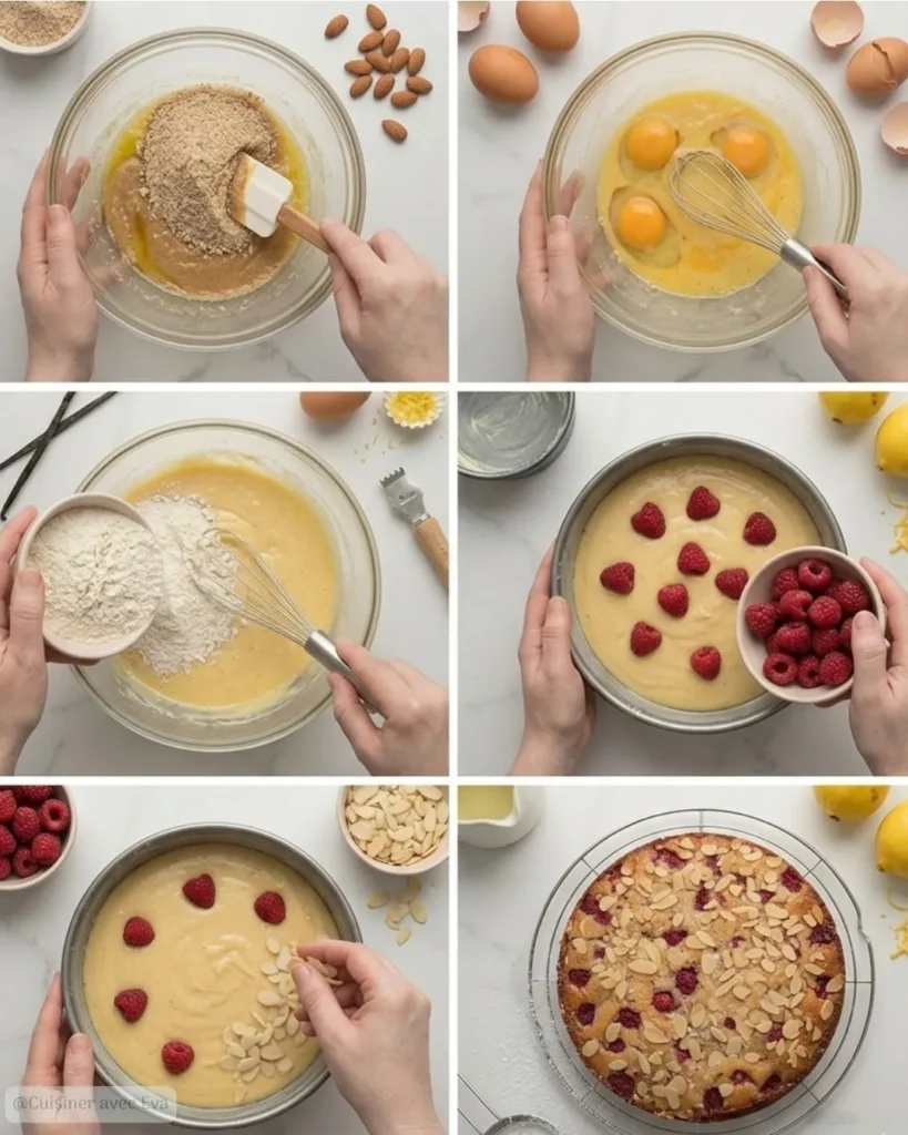 Préparation pas à pas du moelleux aux amandes et framboises