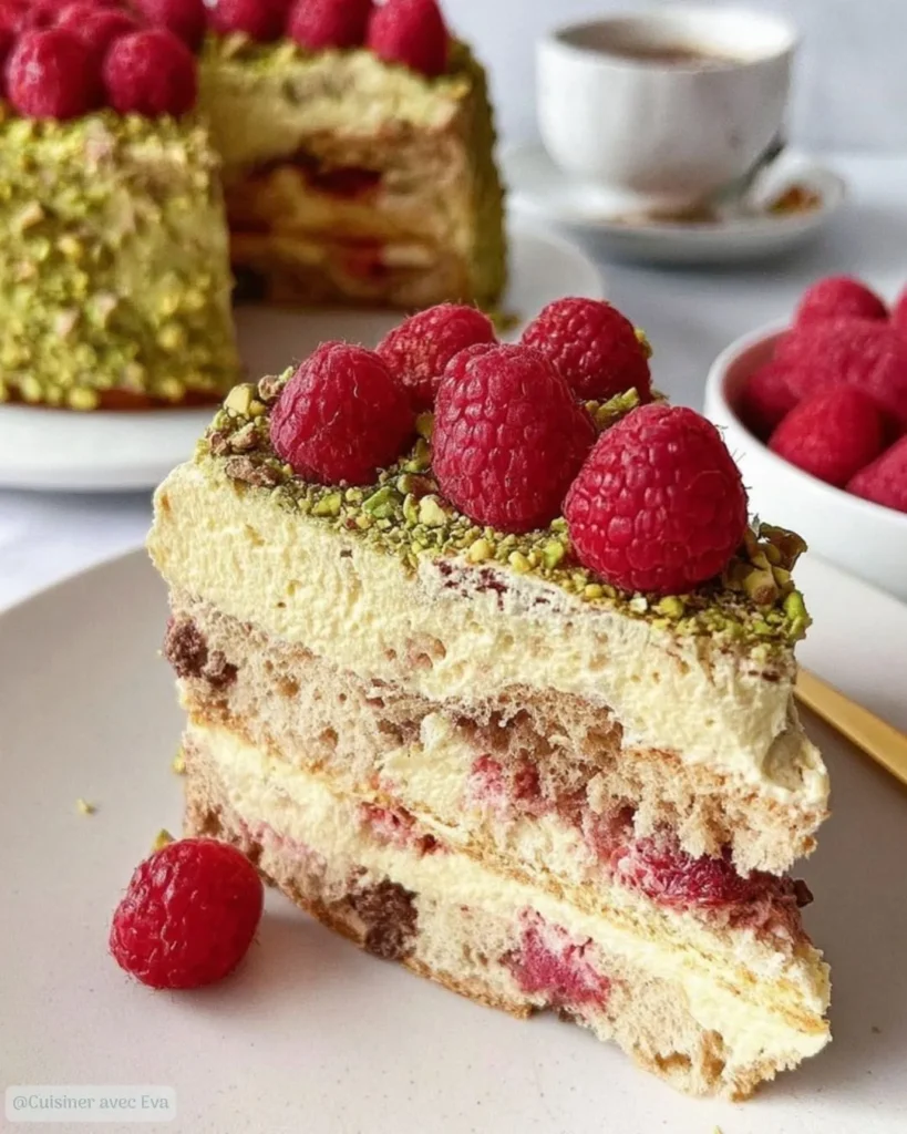 Tiramisu cake pistache framboise dessert crémeux et fruité