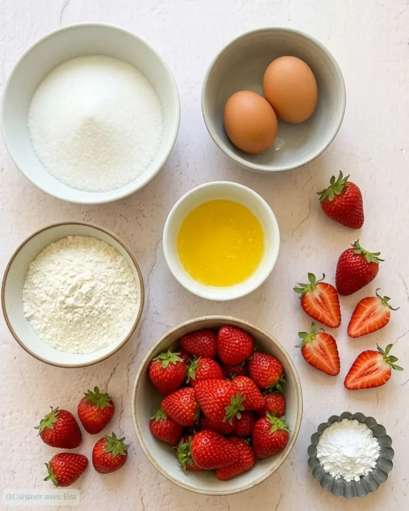 ingredients pour un Gâteau aux fraises facile et moelleux