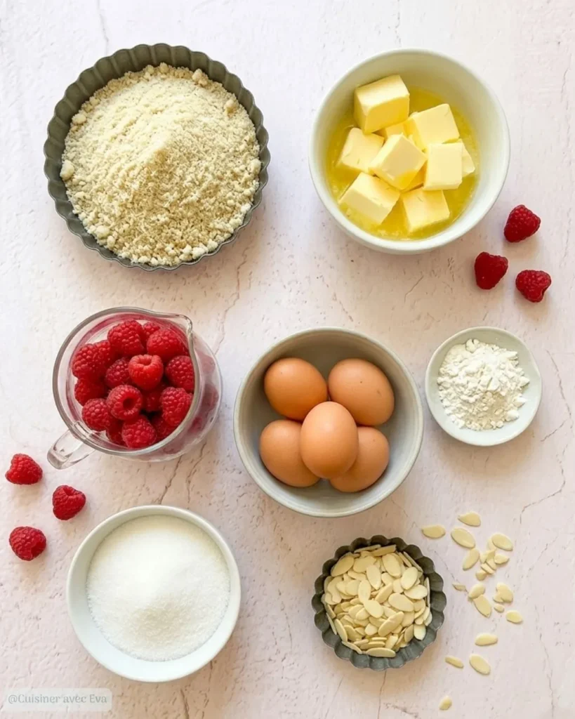 ingrédients pour un moelleux aux amandes et framboises