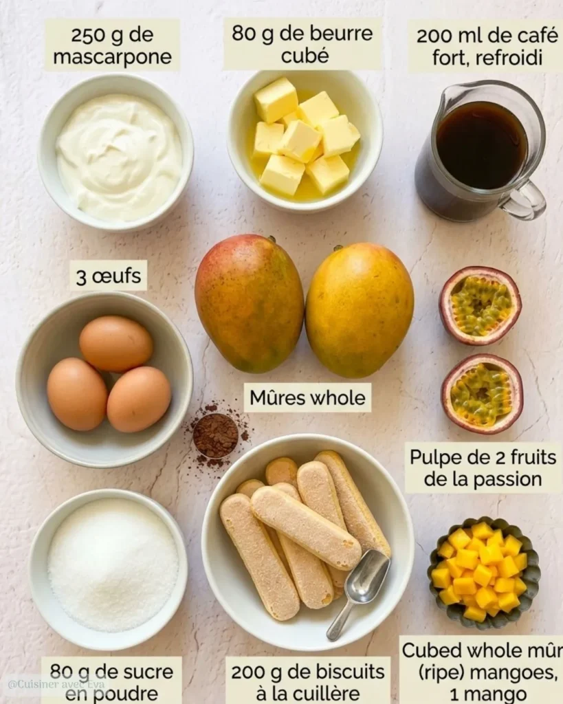 ingrédients pour un tiramisu mangue passion