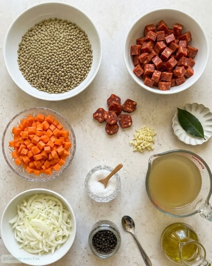Ingredients pour un plat de Lentilles à l’Espagnole au Chorizo