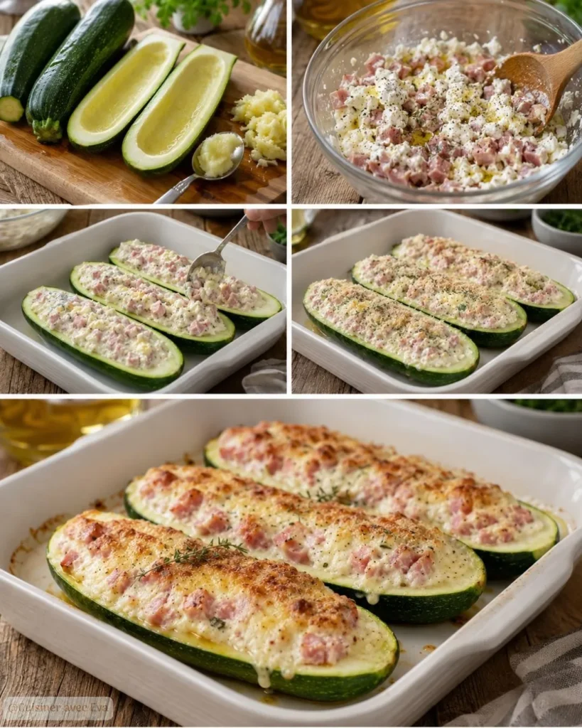 Courgettes gratinées farcies au chèvre et jambon