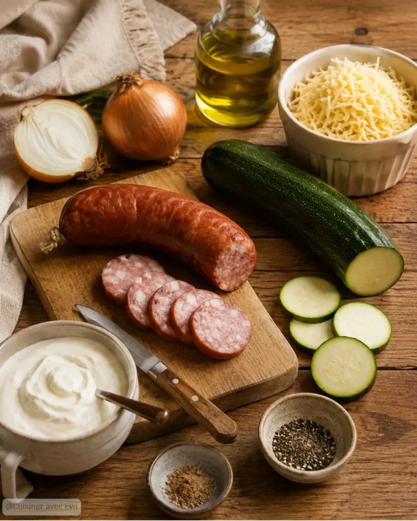 Ingredients du Mini-gratin de courgettes saucisse Montbéliard