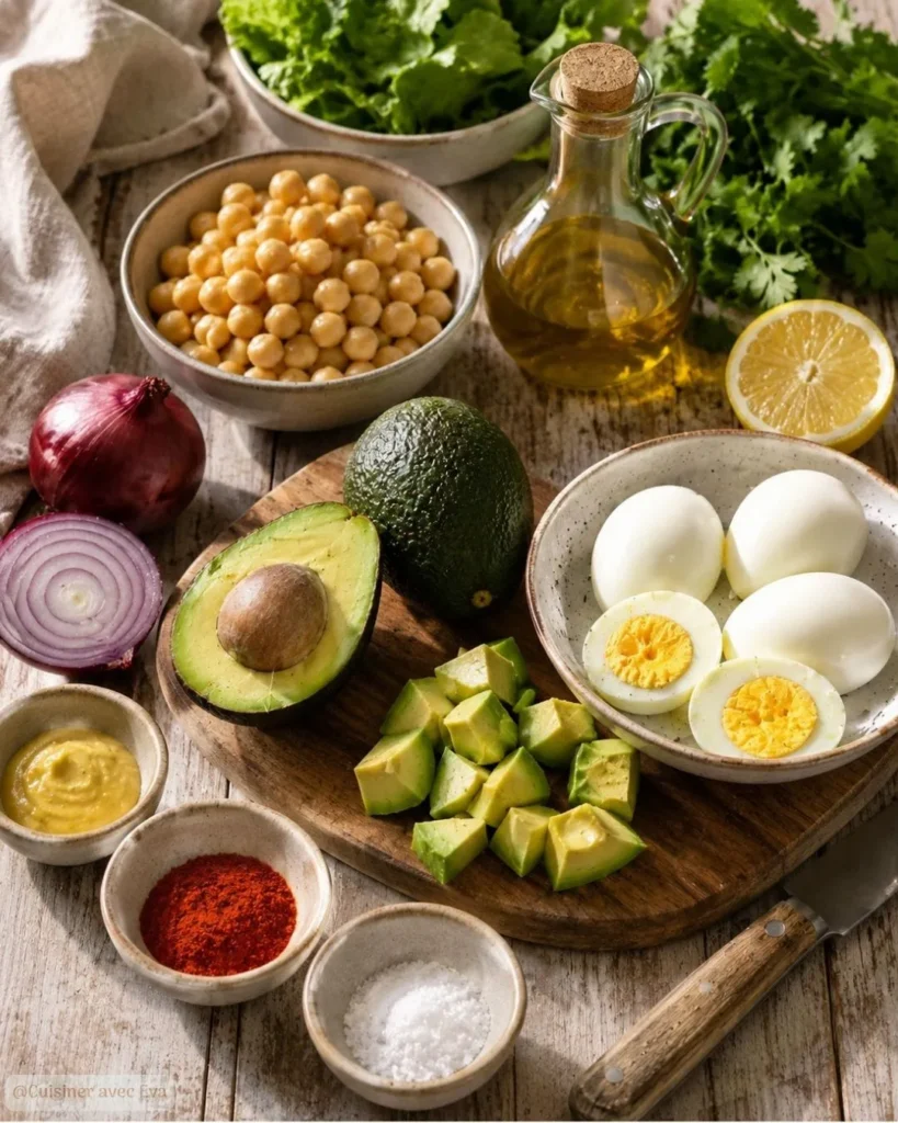 Ingrédients du Salade protéinée pois chiches avocat oeufs