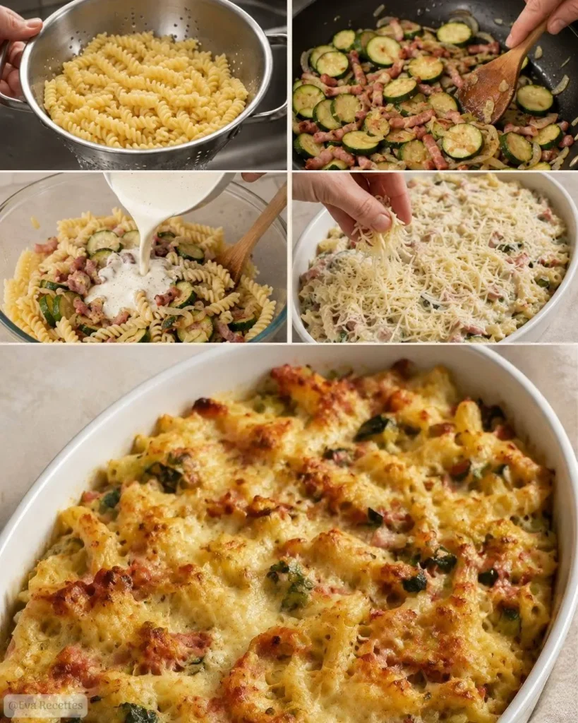 Préparation du Gratin de pâtes aux courgettes et lardons