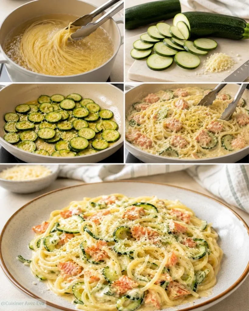 Préparation du Spaghetti saumon fumé courgettes