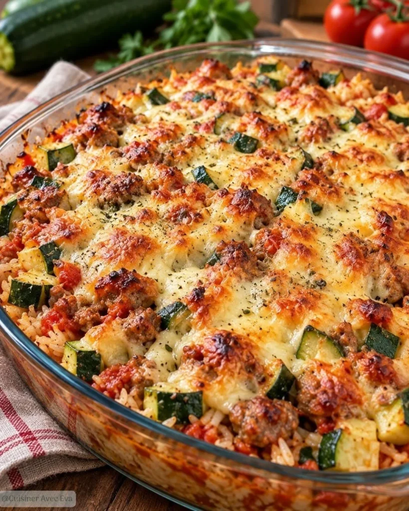 Gratin de courgettes, riz et chair à saucisse