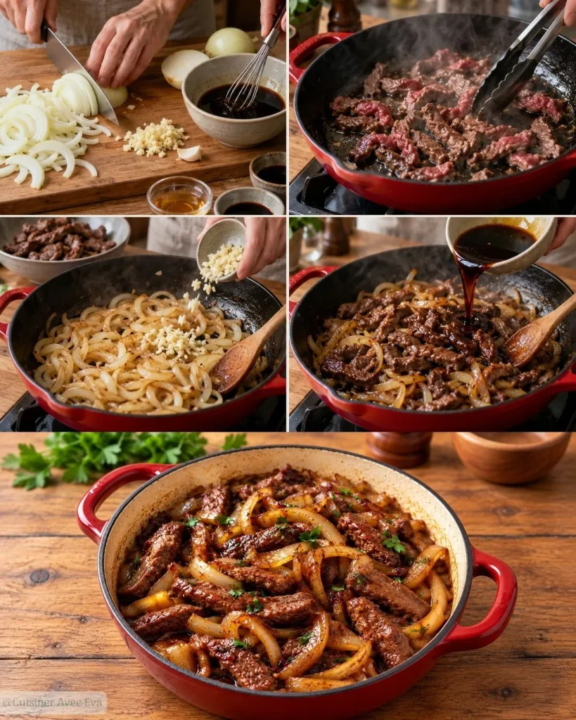 Préparation du Bœuf Caramélisé aux Oignons Fondants