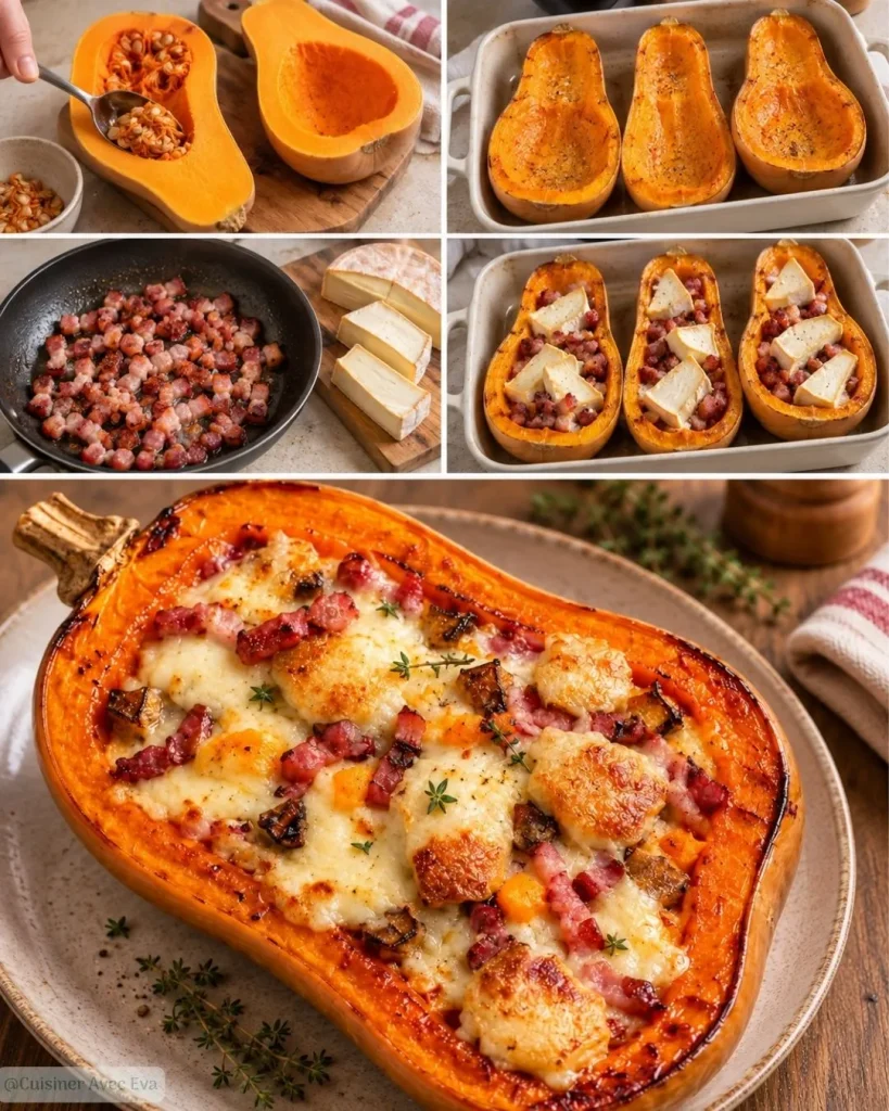 Préparation du Courge butternut farcie au reblochon et lardons