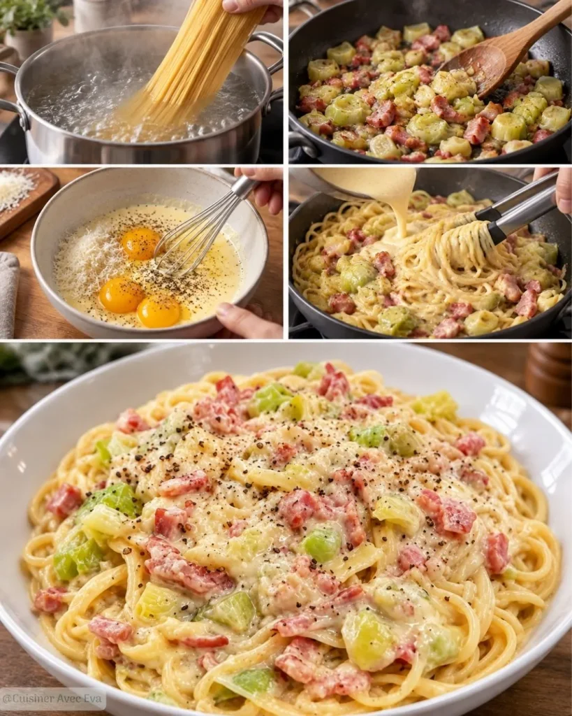 Préparation du Poireaux à la Carbonara