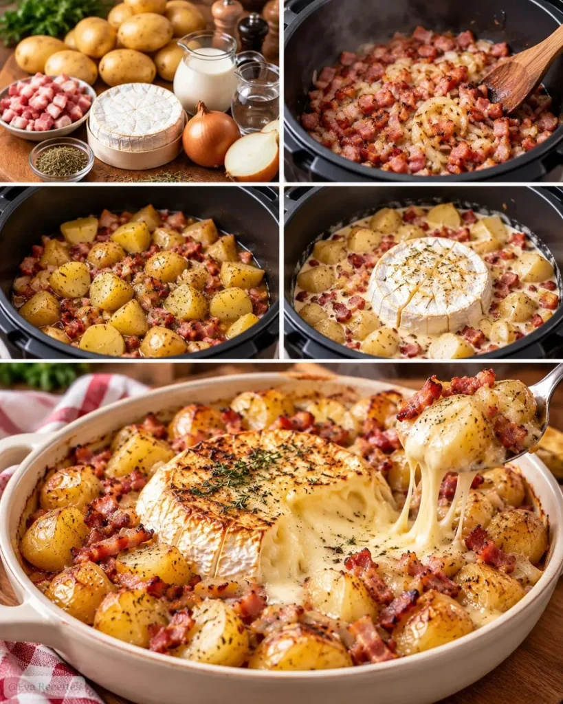 Camembert rôti avec pommes de terre et lardons