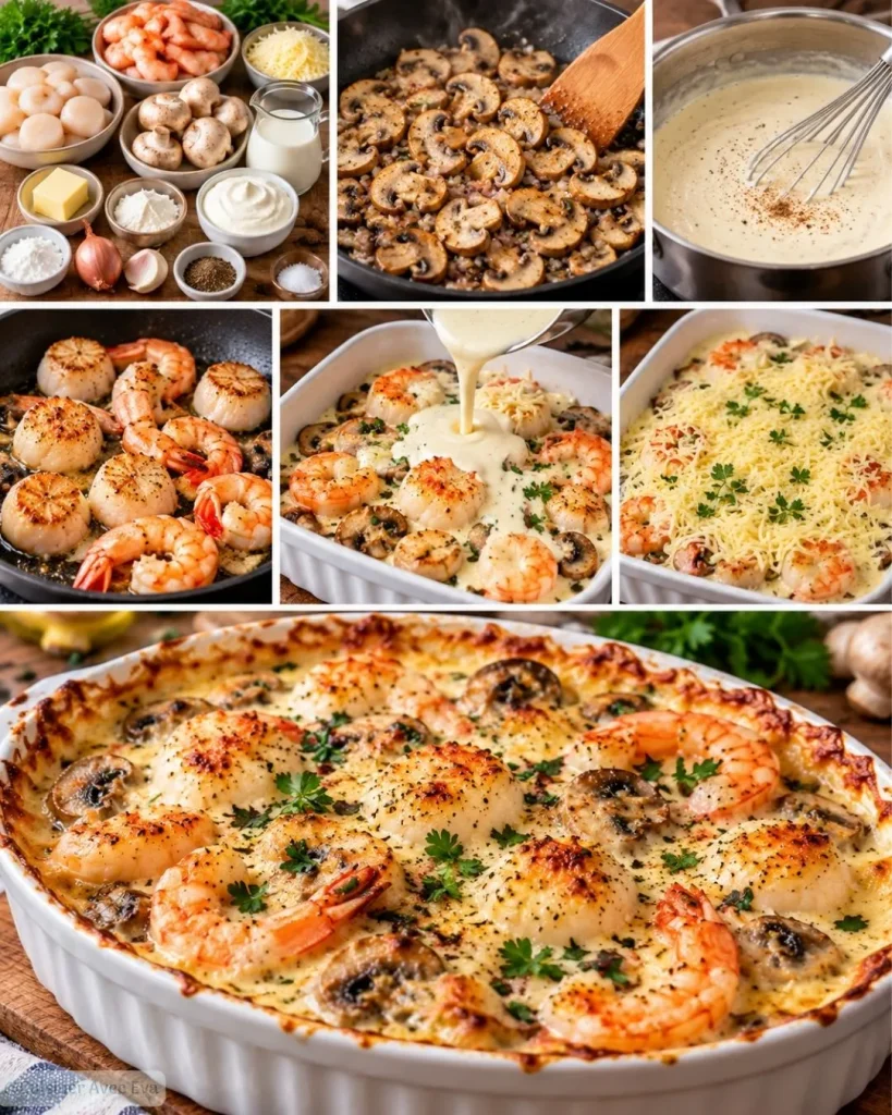 Gratin de la mer aux Saint-Jacques, crevettes et champignons