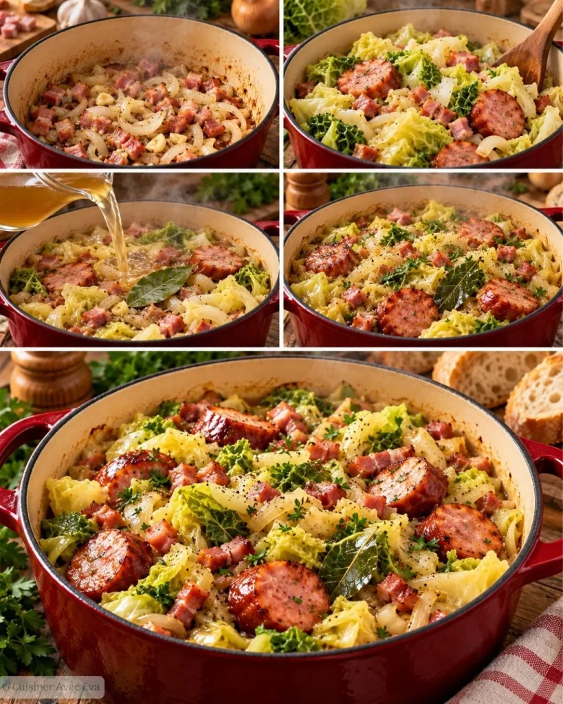 Mijoté de chou aux saucisses fumées et lardons